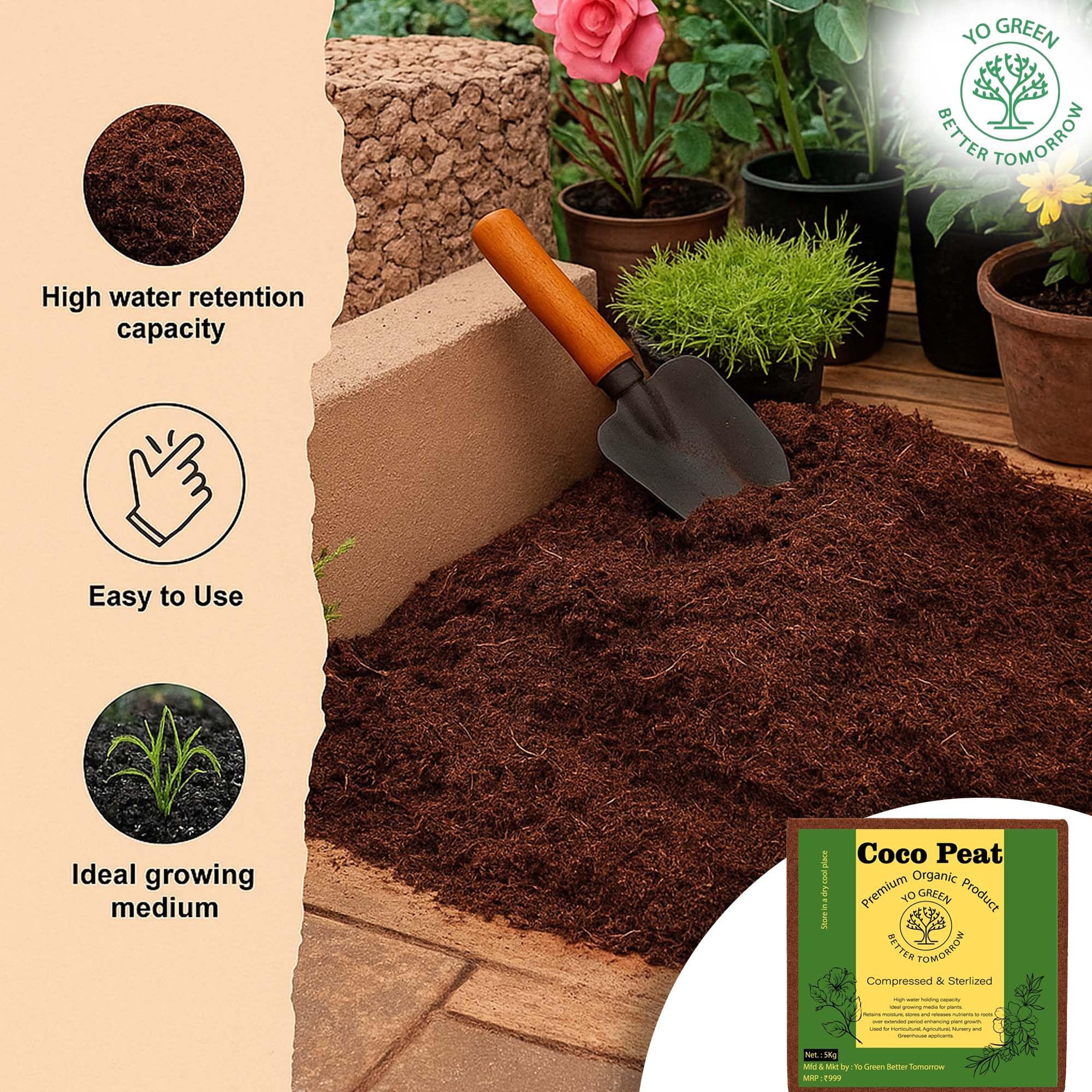 Yo Green - Better Tomorrow 100% Natural Cocopeat Block for Garden Plants Organic Agricultural Compost Coco Peat for Indoor & Outdoor Fertilizer Kitchen Terrace Gardening Khaad