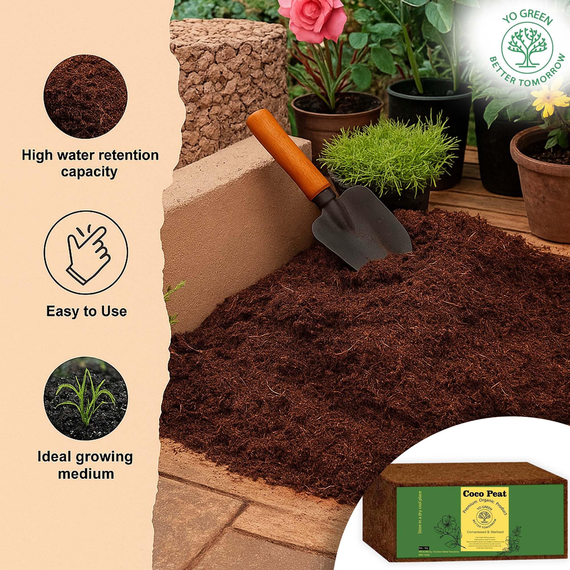 Yo Green - Better Tomorrow 100% Natural Cocopeat Block for Garden Plants Organic Agricultural Compost Coco Peat for Indoor & Outdoor Fertilizer Kitchen Terrace Gardening Khaad