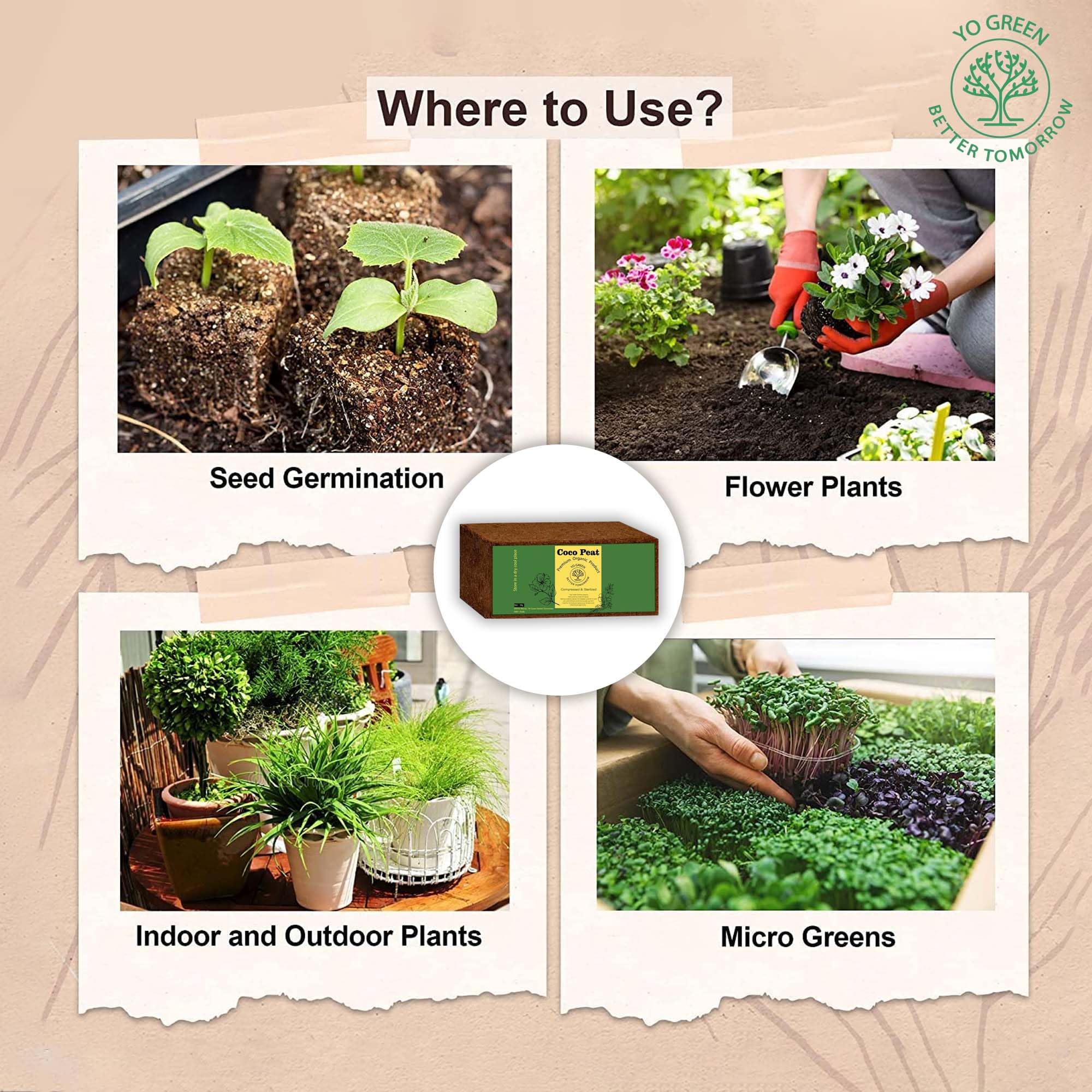 Yo Green - Better Tomorrow 100% Natural Cocopeat Block for Garden Plants Organic Agricultural Compost Coco Peat for Indoor & Outdoor Fertilizer Kitchen Terrace Gardening Khaad