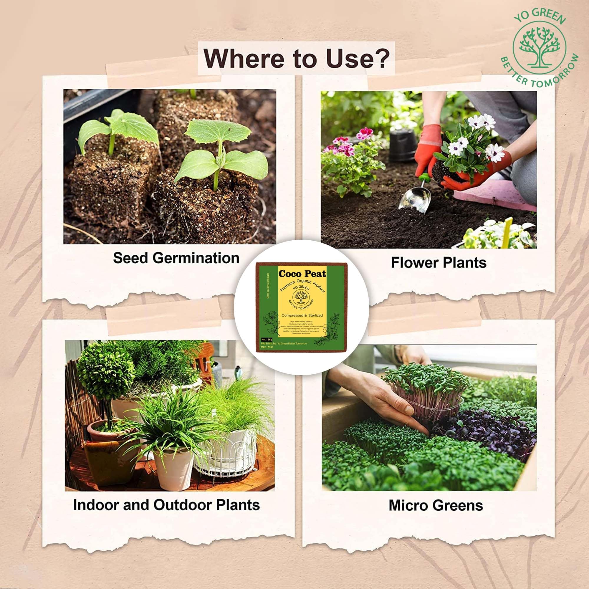 Yo Green - Better Tomorrow 100% Natural Cocopeat Block for Garden Plants Organic Agricultural Compost Coco Peat for Indoor & Outdoor Fertilizer Kitchen Terrace Gardening Khaad
