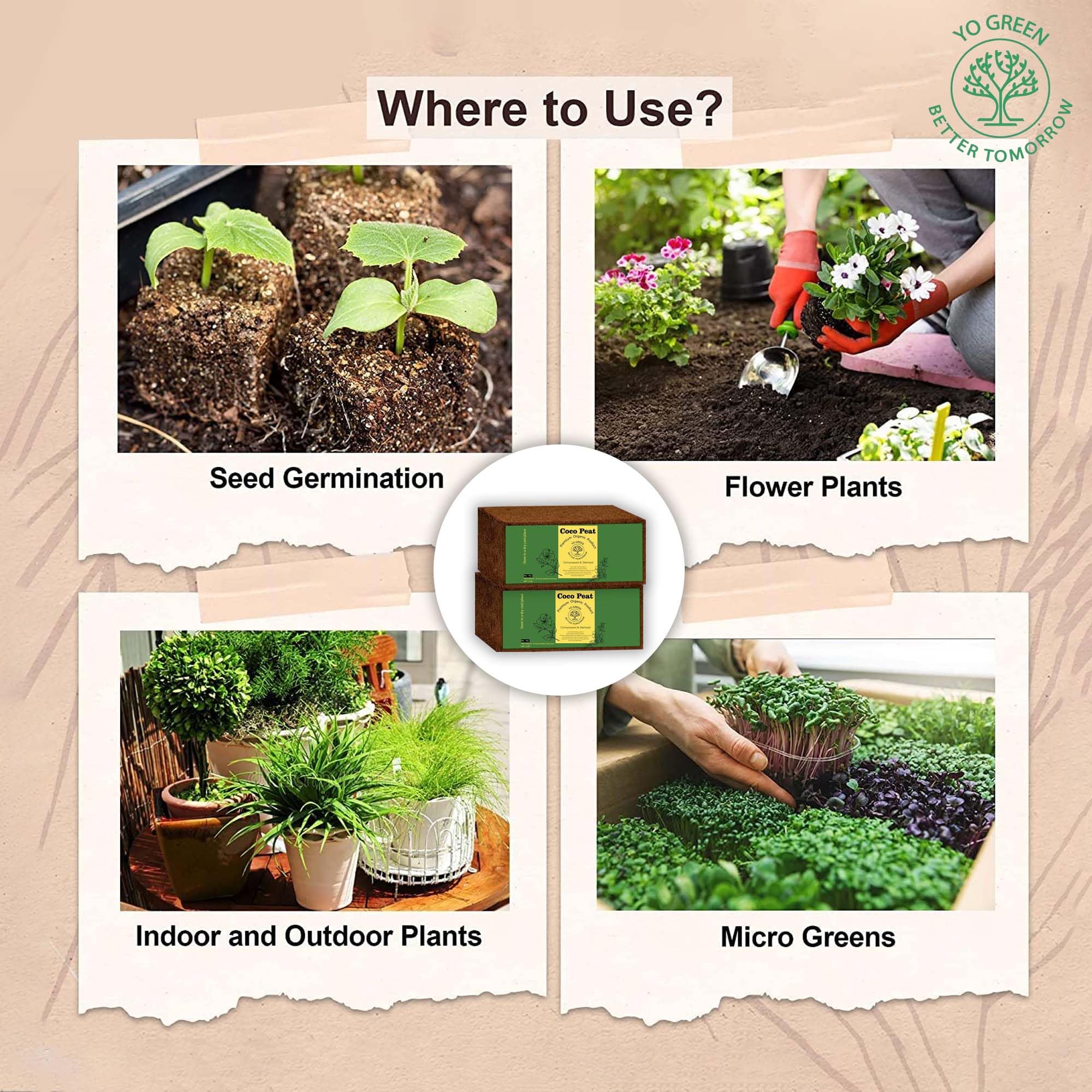 Yo Green - Better Tomorrow 100% Natural Cocopeat Block for Garden Plants Organic Agricultural Compost Coco Peat for Indoor & Outdoor Fertilizer Kitchen Terrace Gardening Khaad