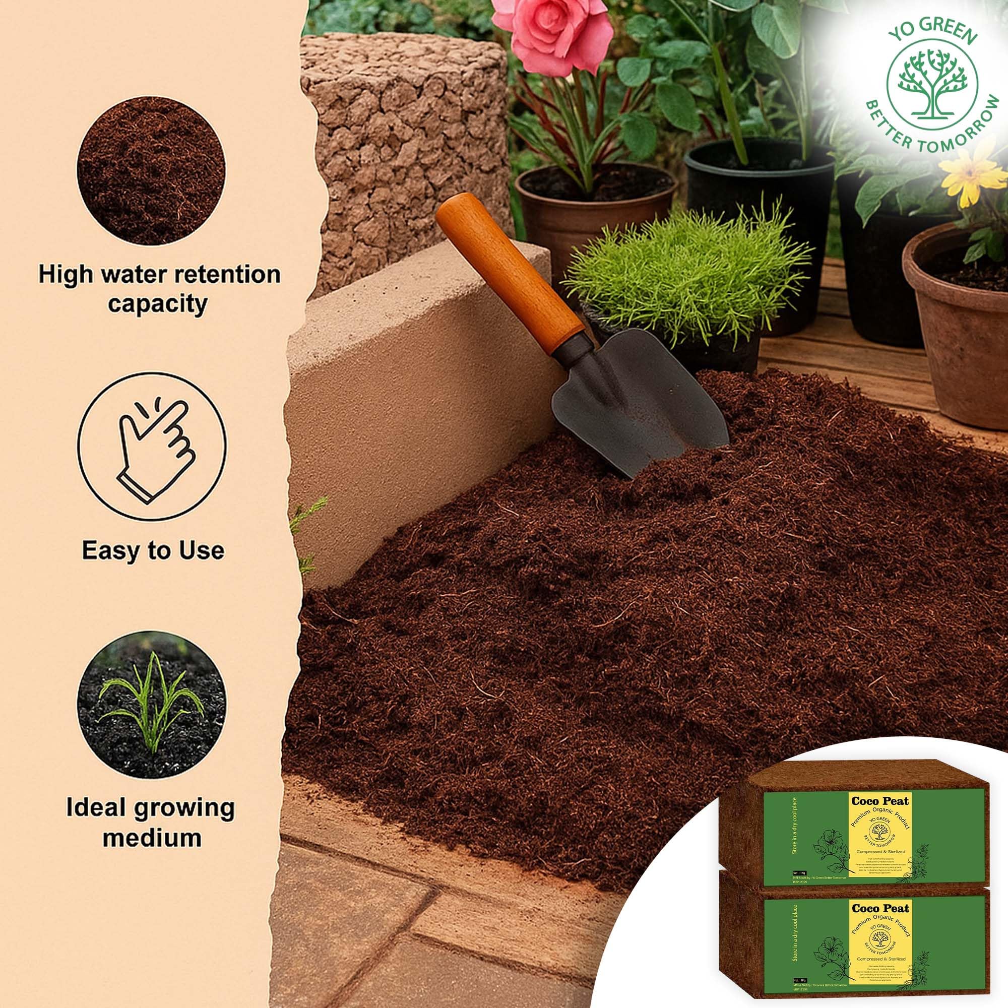 Yo Green - Better Tomorrow 100% Natural Cocopeat Block for Garden Plants Organic Agricultural Compost Coco Peat for Indoor & Outdoor Fertilizer Kitchen Terrace Gardening Khaad